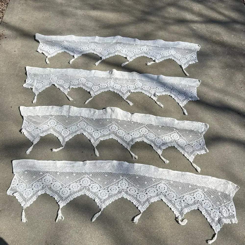 Vintage Crochet Flower and Tassel Window Valences Boho Cottagecore SET 4 6’x20”